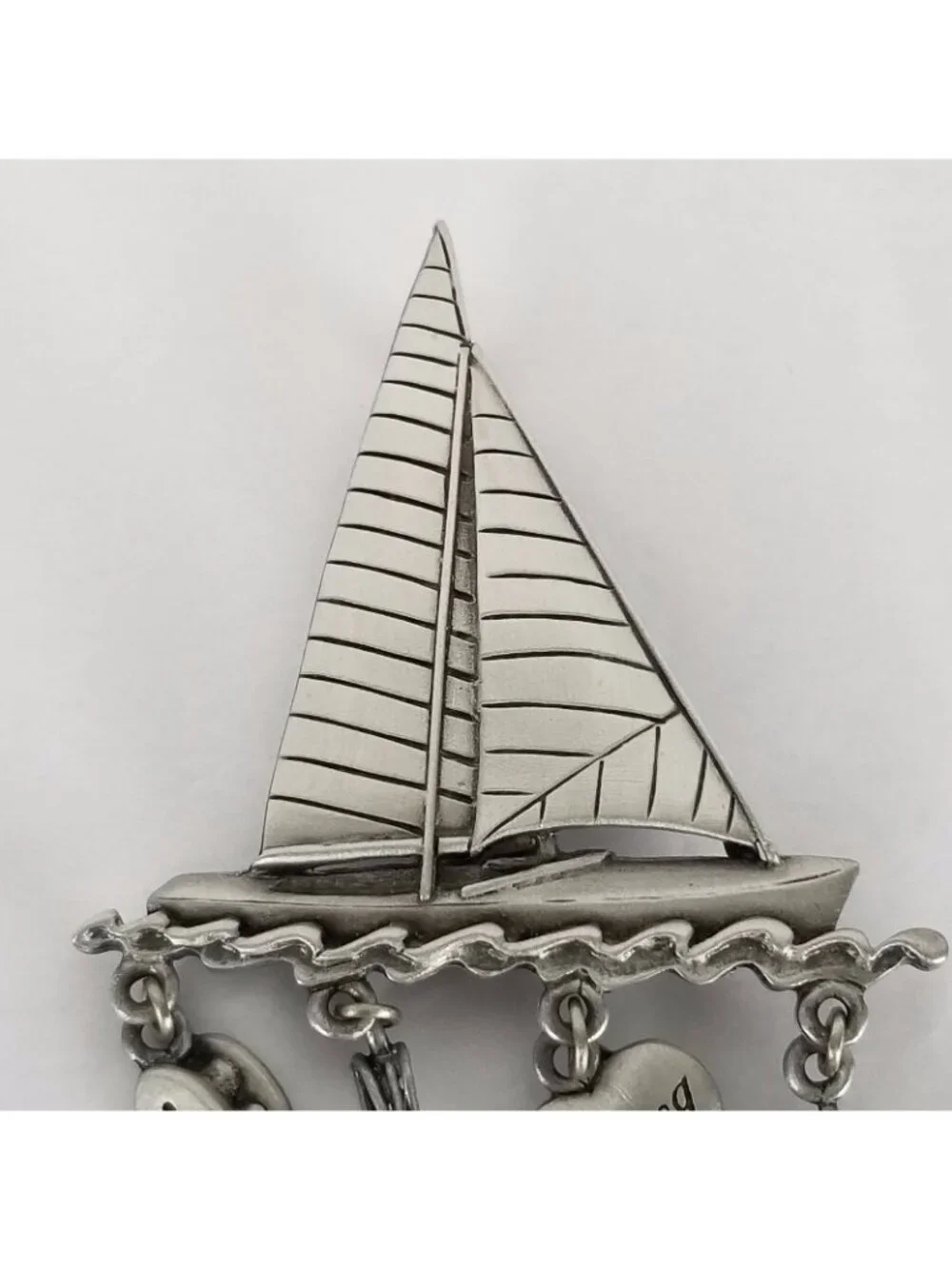 J.J. Sailboat with dangling nautical charms pewter Pin Brooch Vintage 1980's